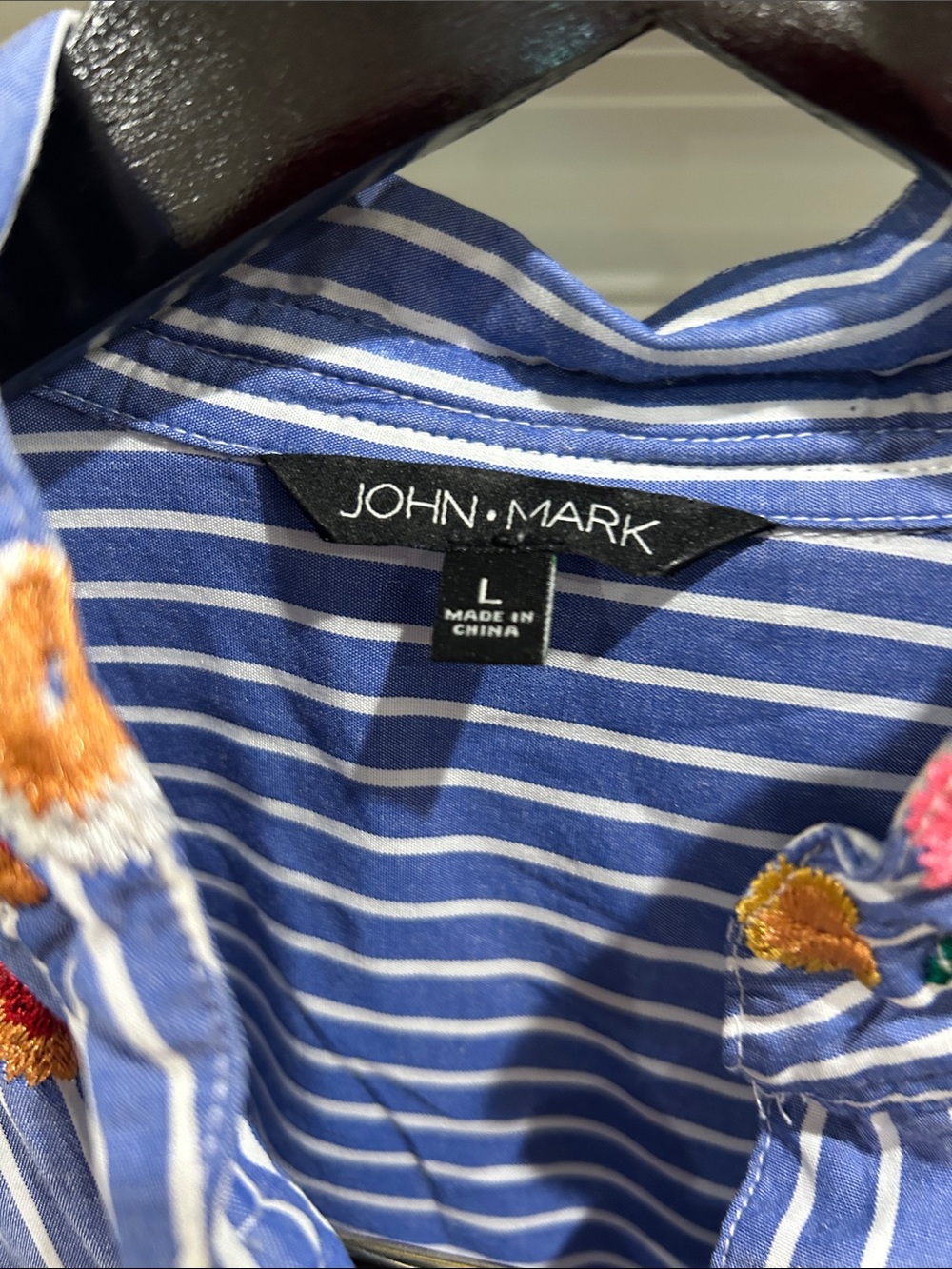 John Mark Blue & White Striped Button-Down with Floral Embroidery - Picture 2 of 3